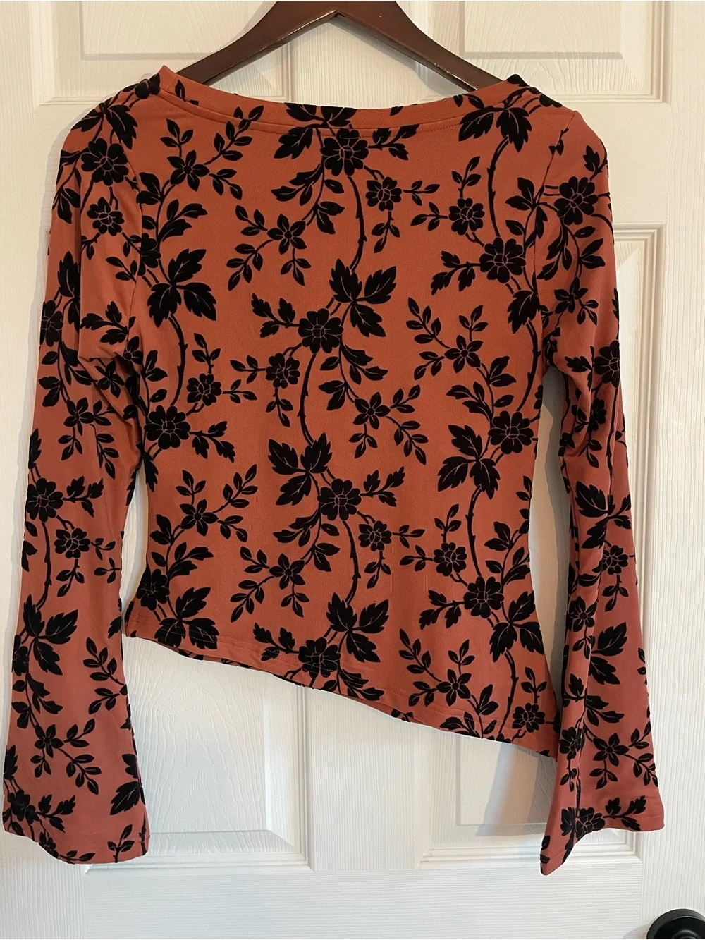 Rust Floral Velvet Long Sleeve Top Women’s M Burnt Orange Blouse Black